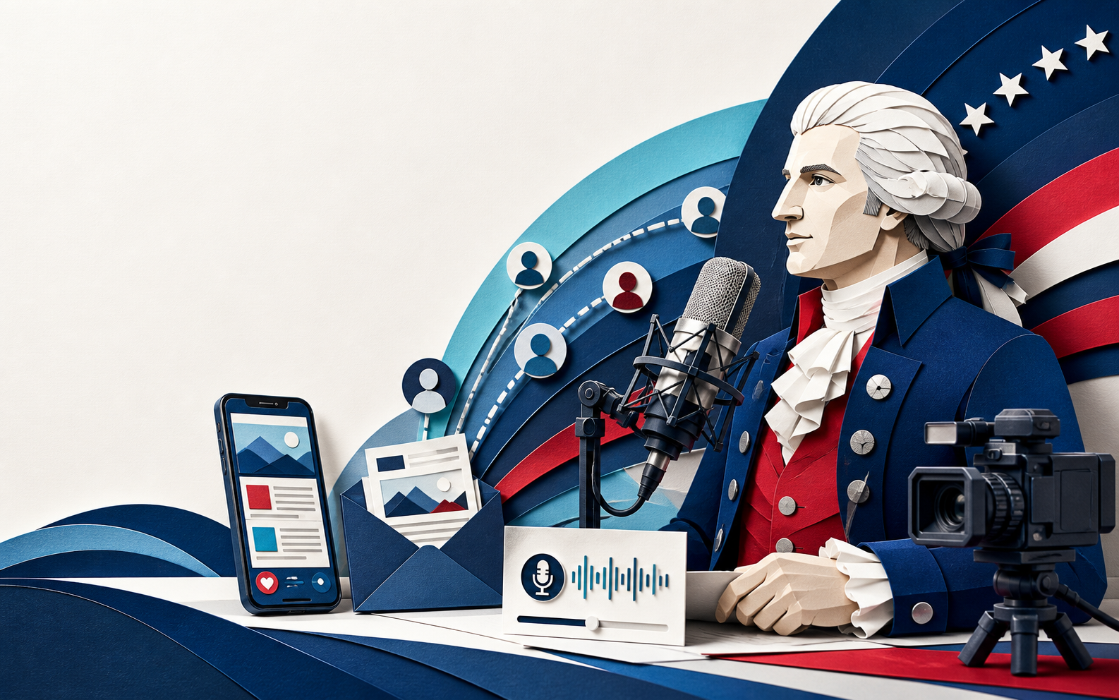A layered paper-diorama patriot broadcasting from a modern independent news studio