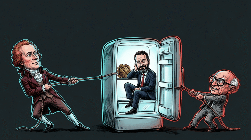 Illustration of the JD Vance refrigerator debate, showing Alexander Hamilton and Milton Friedman pulling JD Vance out of a refrigerator