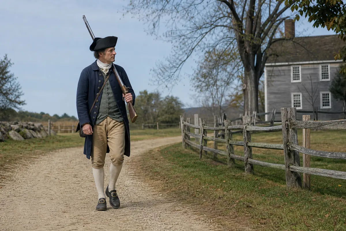 Armed citizen carrying a flintlock on an early American country road