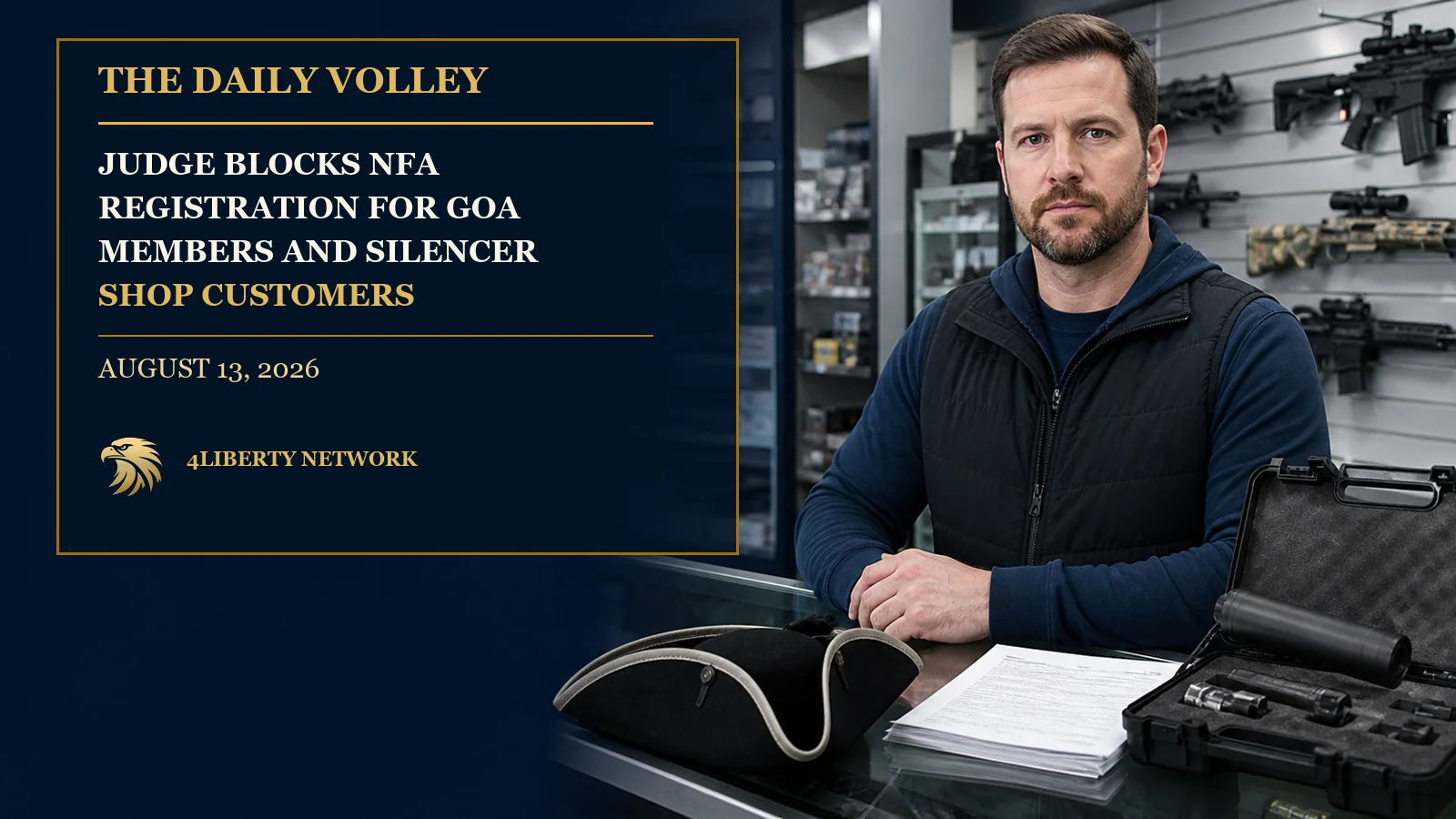 NFA registration injunction: an adult gun owner at a lawful firearms counter beside a suppressor case