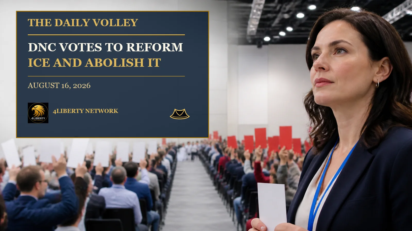 The Daily Volley for August 16, 2026 with a convention delegate facing the DNC ICE votes headline