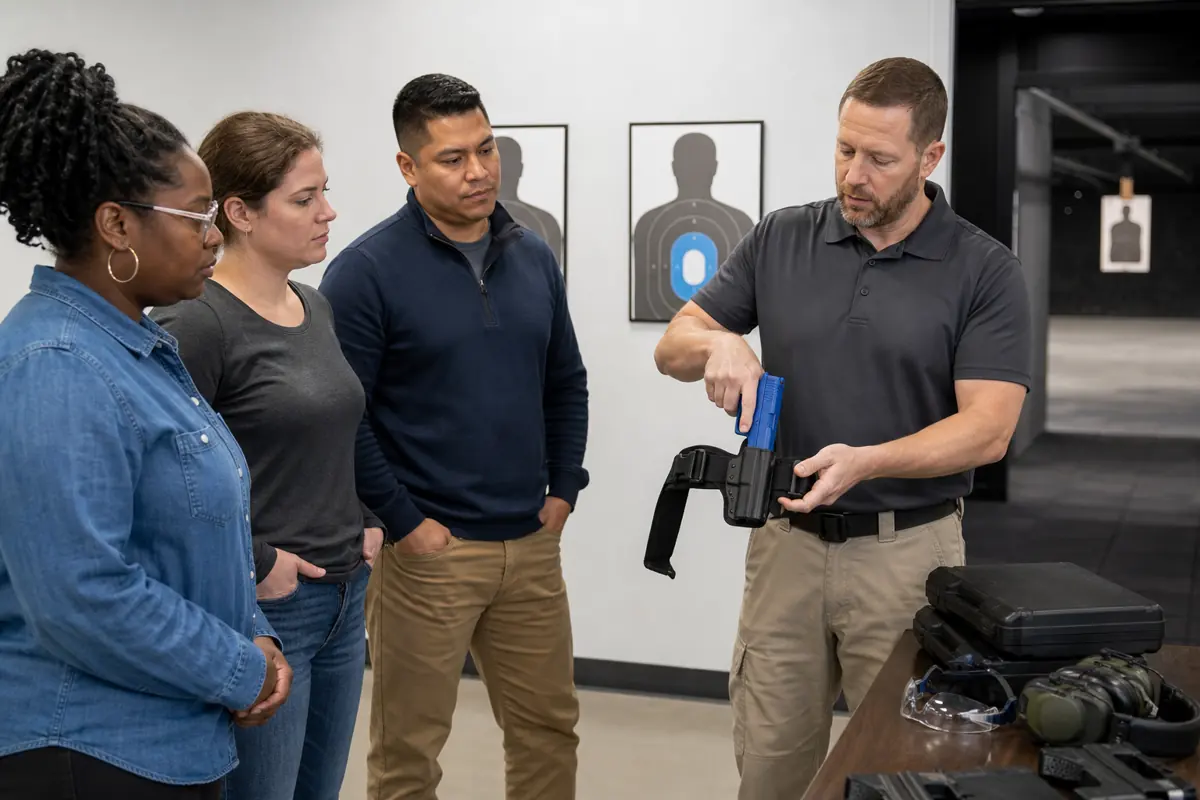 Armed citizen safety class using a blue training pistol and holster