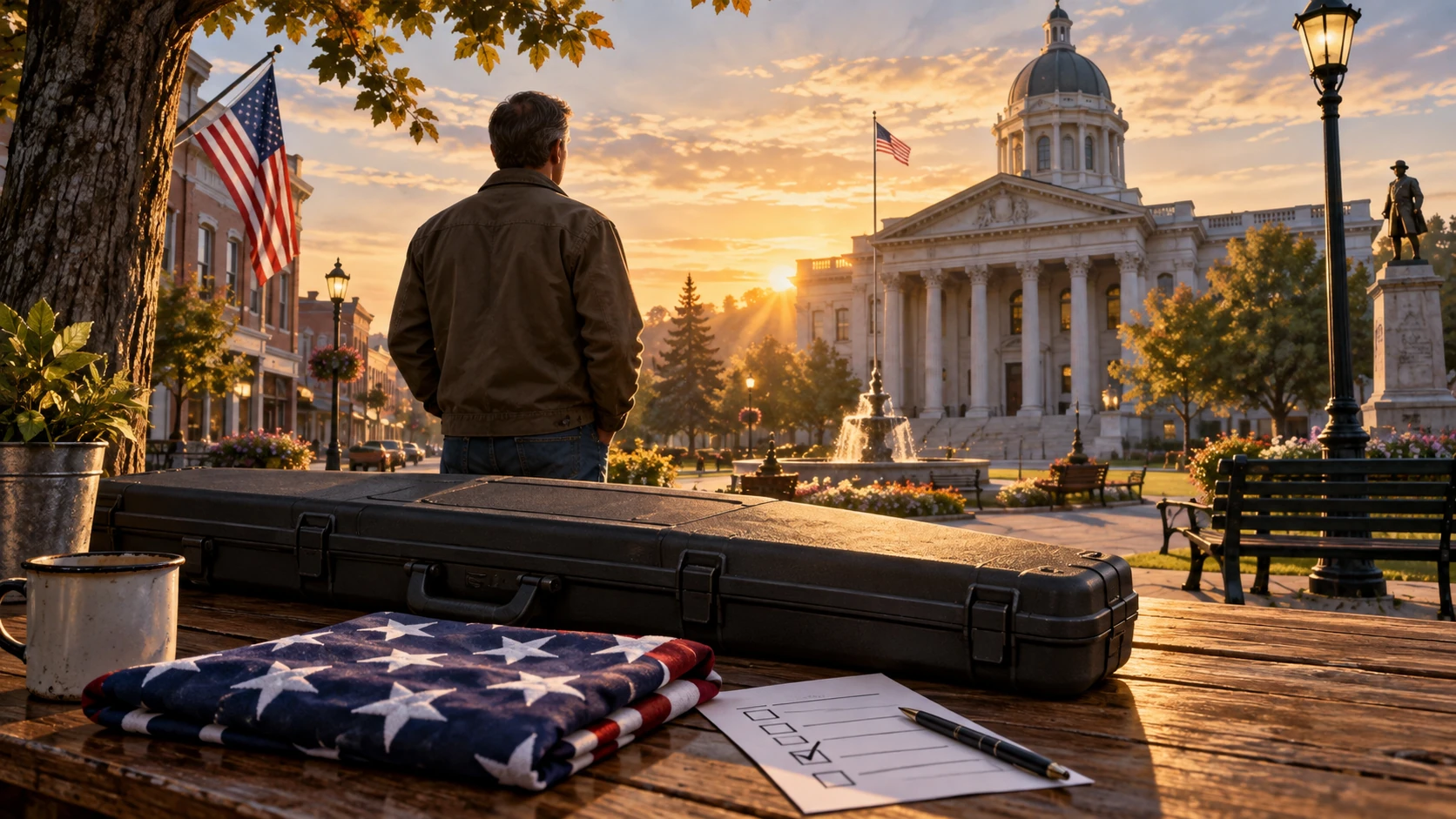 Second Amendment illustration: a civilian faces a courthouse beside a closed rifle case, American flag, and ballot.