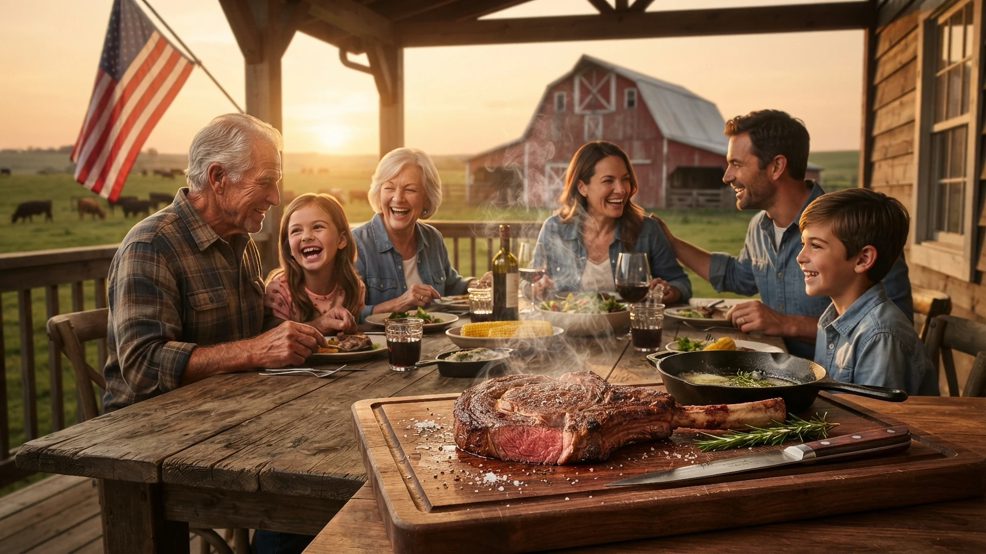 Ranching family sharing a steak dinner beside a cattle pasture, illustrating a commentary on rising beef prices.