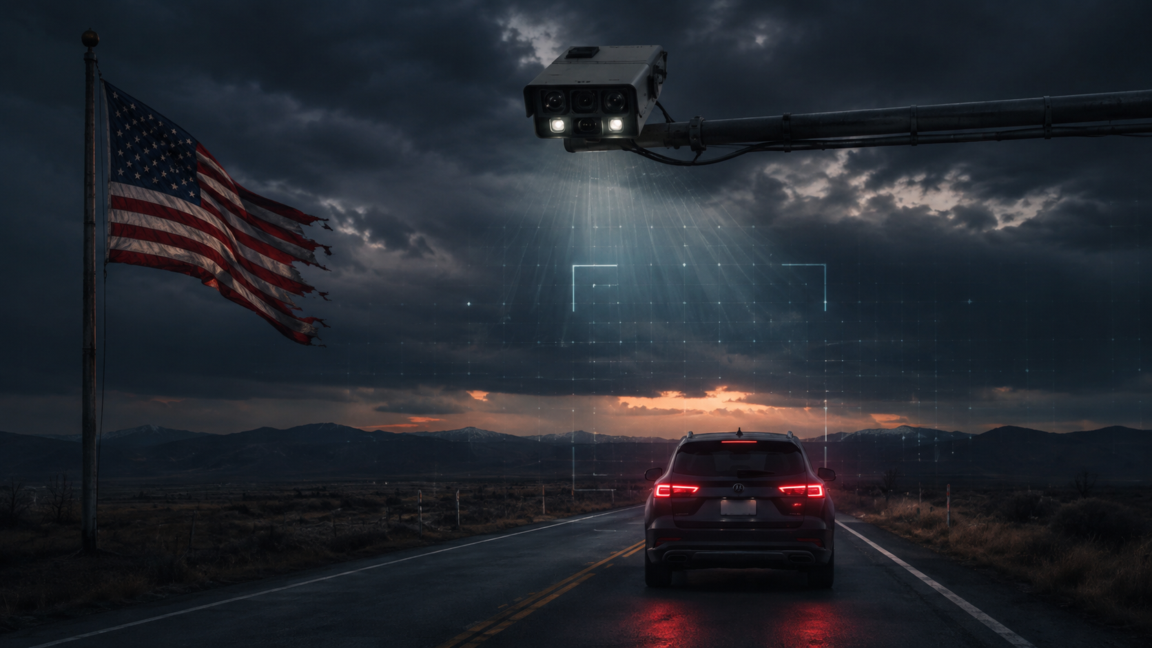 Flock surveillance camera scanning an anonymous car beneath a weathered American flag
