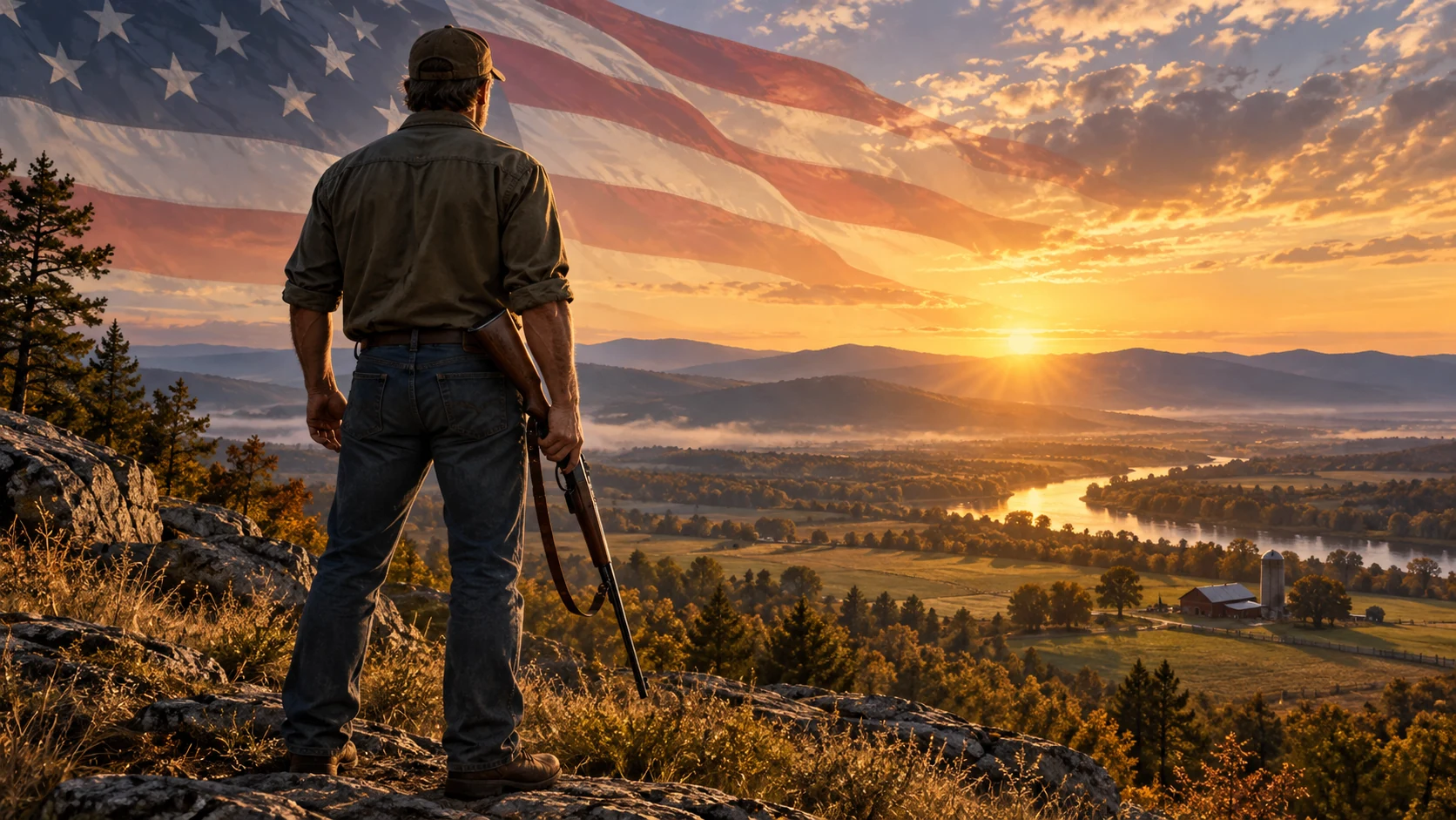 Armed citizen holding a rifle safely downward at sunrise beneath an American flag