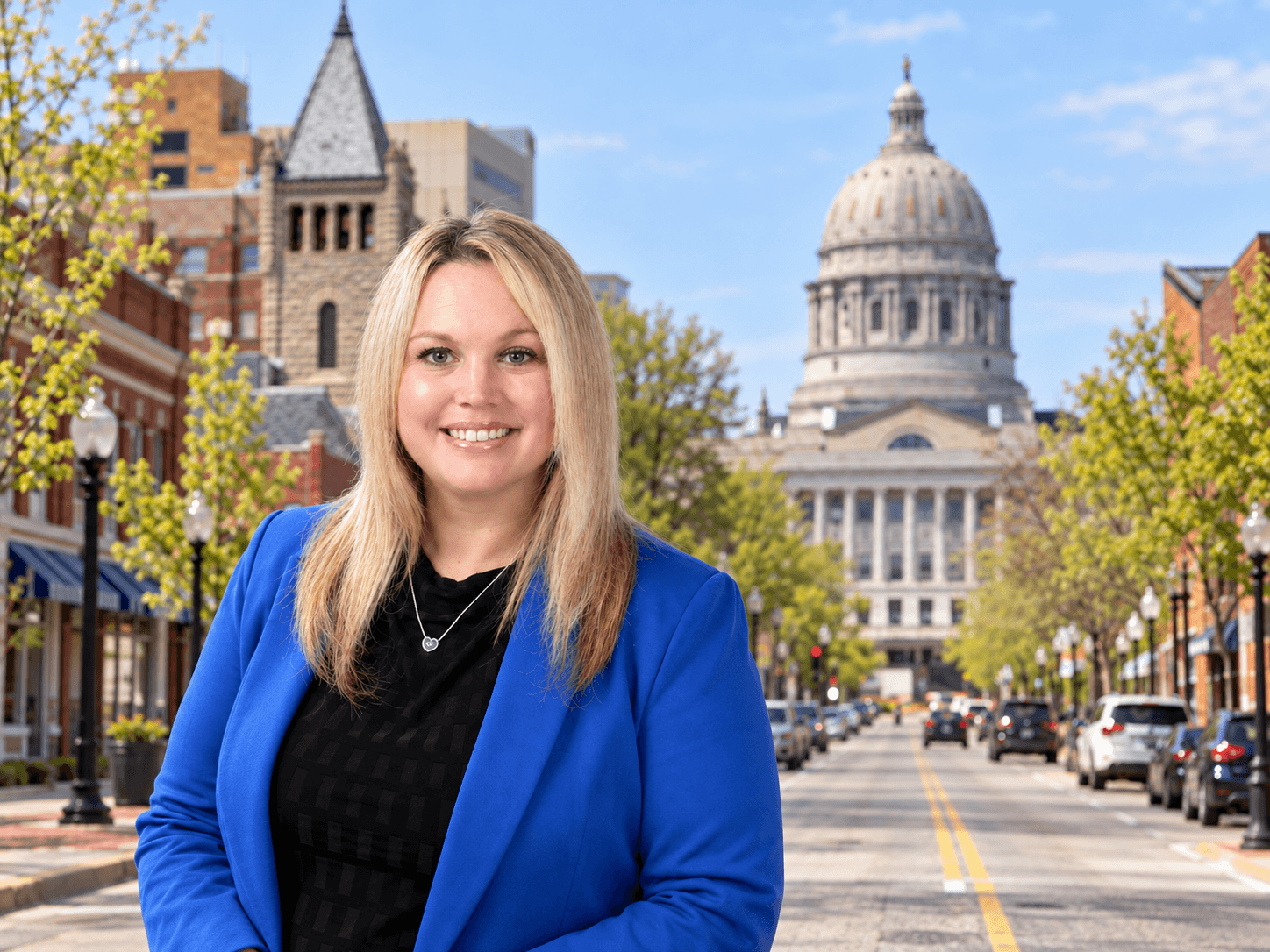 Kara Corches in an editorial composite with East Capitol Avenue and the Missouri State Capitol in Jefferson City