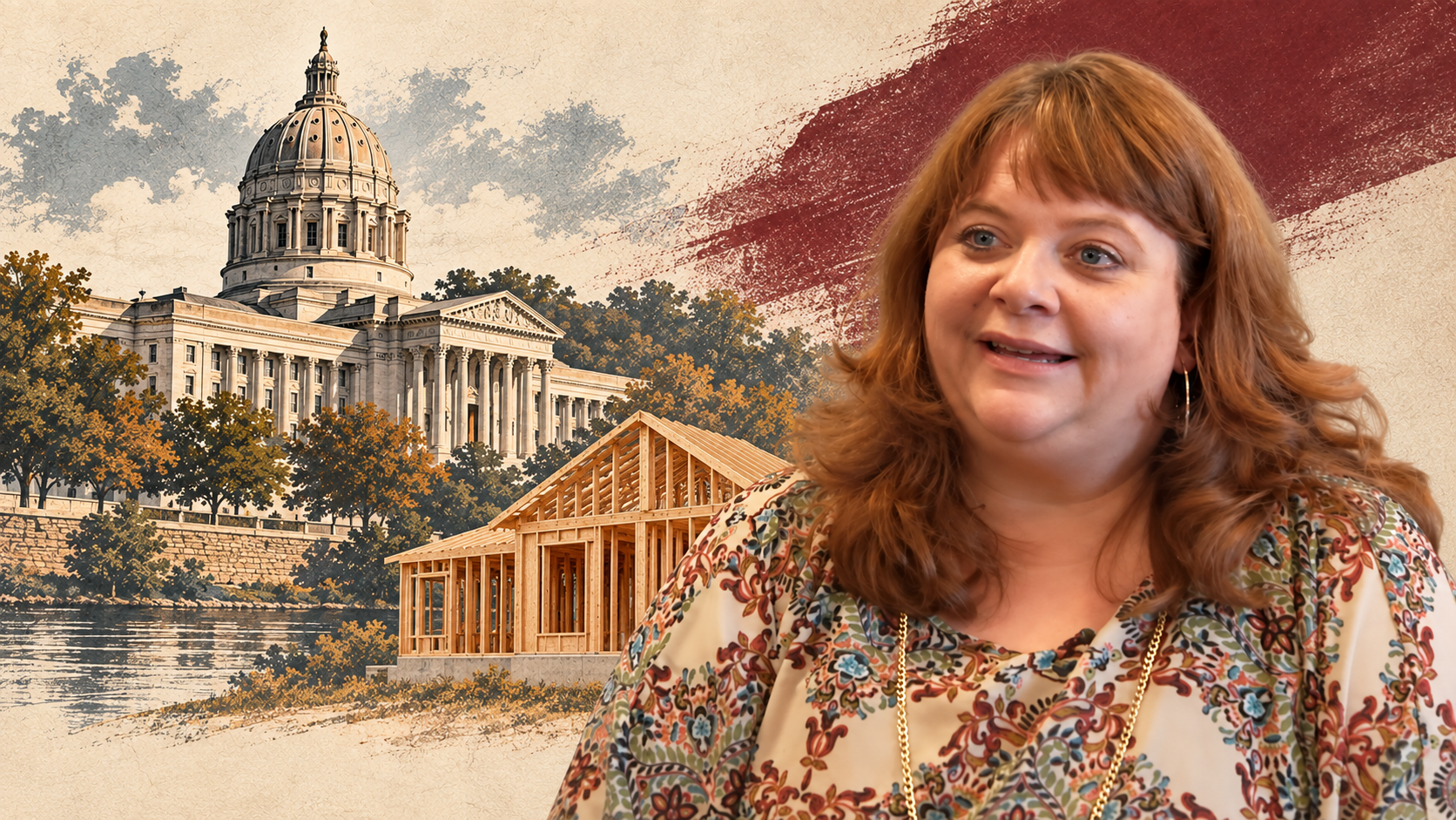 Susan Cook beside an editorial illustration of the Missouri Capitol and house framing for a Jefferson City affordable housing story.