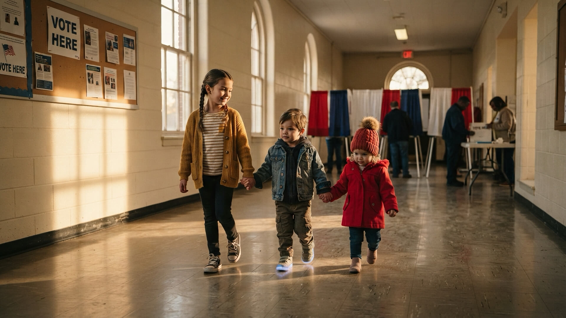 Three children holding hands at a polling place, illustrating Lee Fox’s editorial on the 19th Amendment.