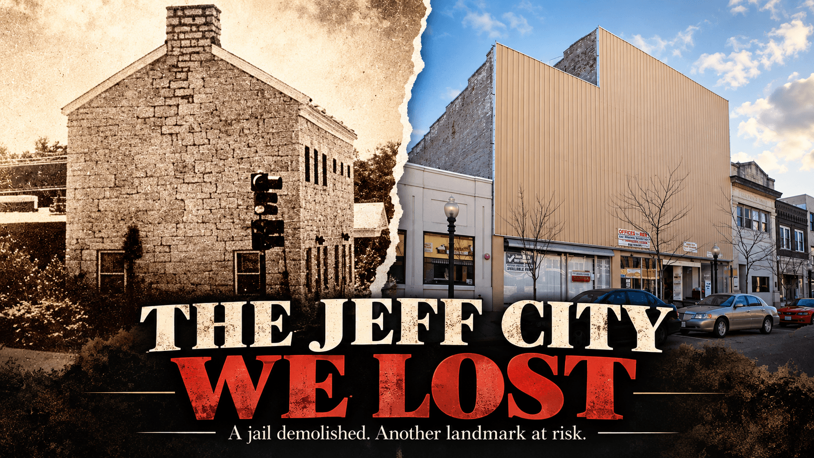 Jefferson City historic buildings: editorial composite of the old Cole County Jail and former J.C. Penney building, with “The Jeff City We Lost” headline.