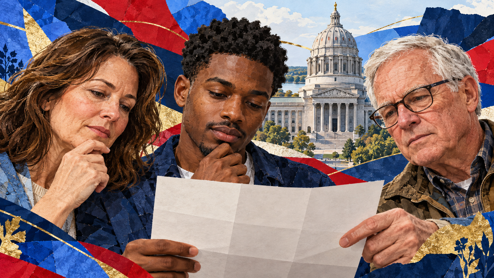 Missouri ballot amendments 2026 voter guide: three illustrated voters with the Missouri Capitol