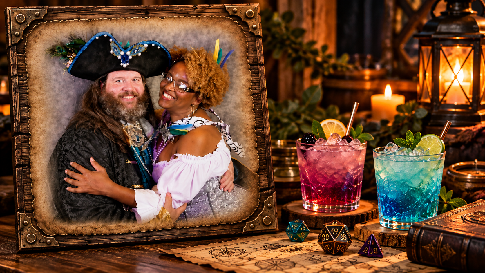Josh and Toni Barnes of The Wandering Tavern in pirate-inspired costumes, alongside mocktail and tabletop gaming illustrations.